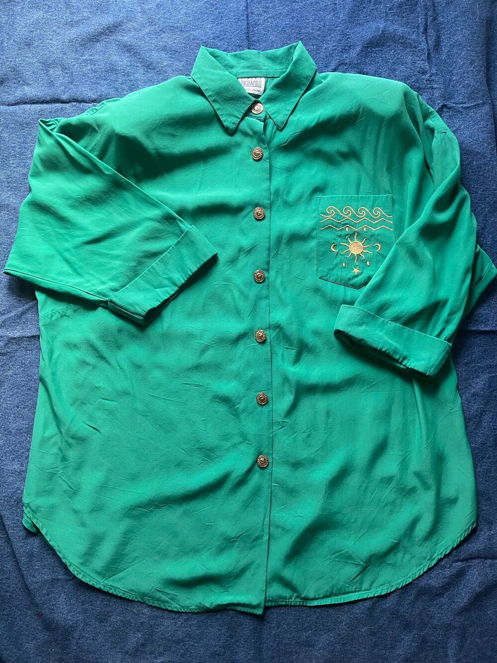 R&M Richards by Karen Kwong Celestial Green Blouse with Shoulder Pads